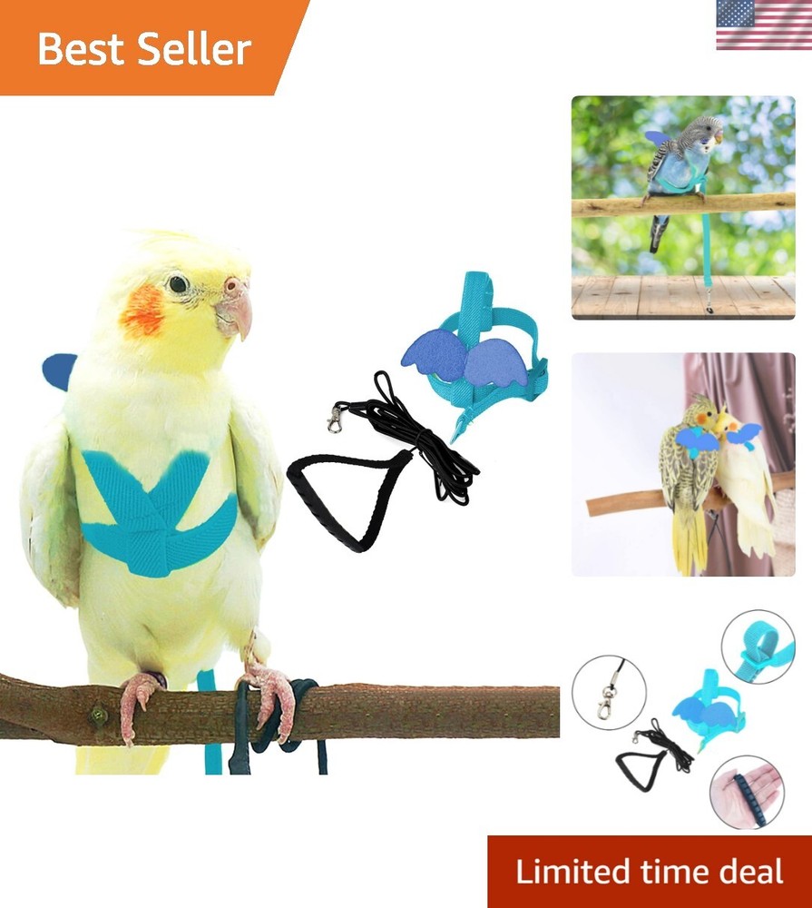 Light Blue Adjustable Bird Harness & Leash for Medium Parrots - Anti-Bite Design