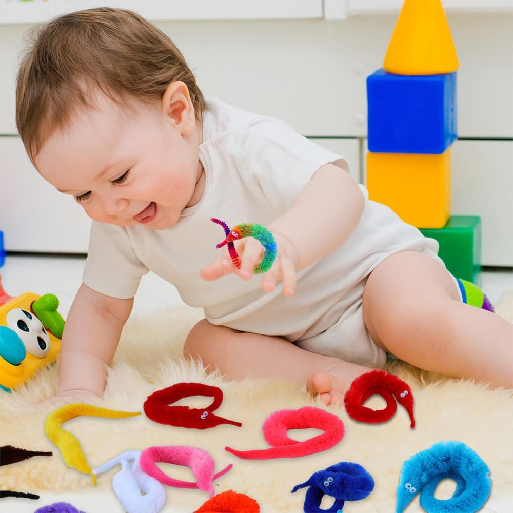 100 Pcs Magic Twisty Worm Wiggly Twisty Fuzzy Worms on a String Magic Worm Toys