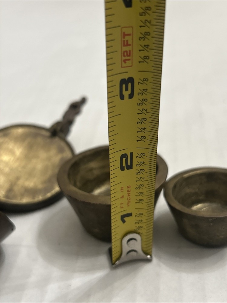 Antique 18th Century Solid Thick Brass Lidded Case And Nested Weigth Set 4 Piece