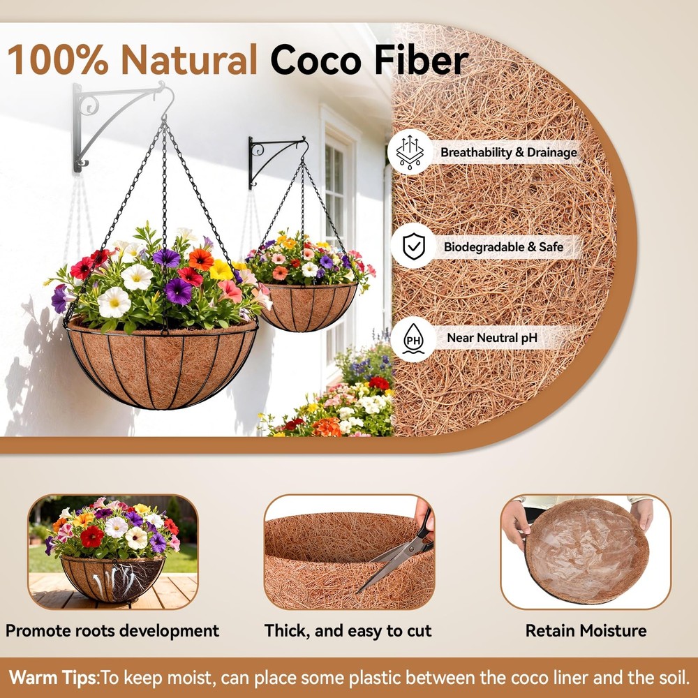 6 Pack 14 Inch Coco Liner for Hanging Baskets Replacement Round Coconut Liner...