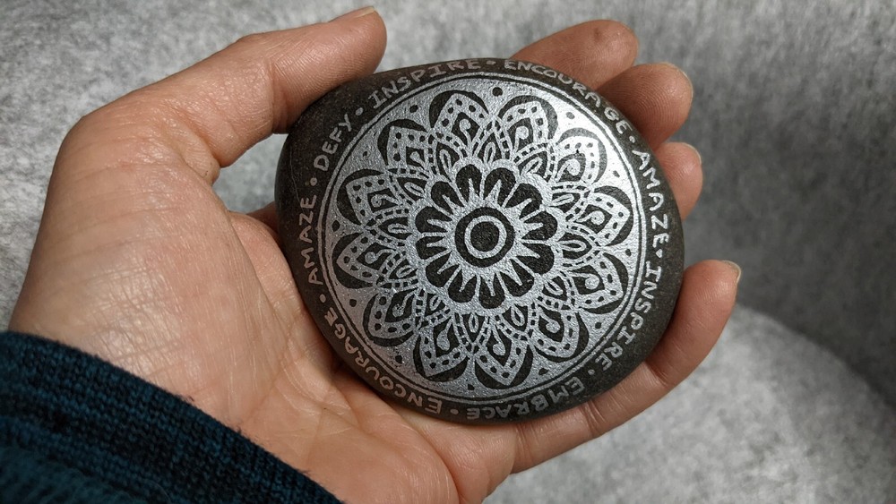 Hand Painted Rock / Stone - Mandala Zentangle silver black gray