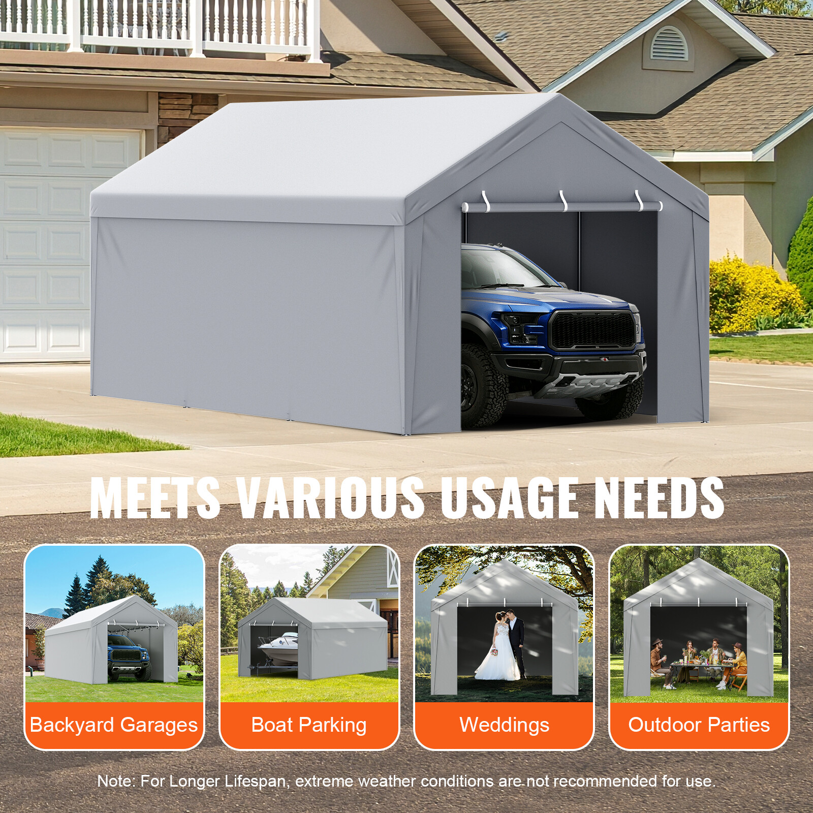 VEVOR Carport Replacement Canopy Car Shelter Tent Top+Side Wall 10x20 ft Grey