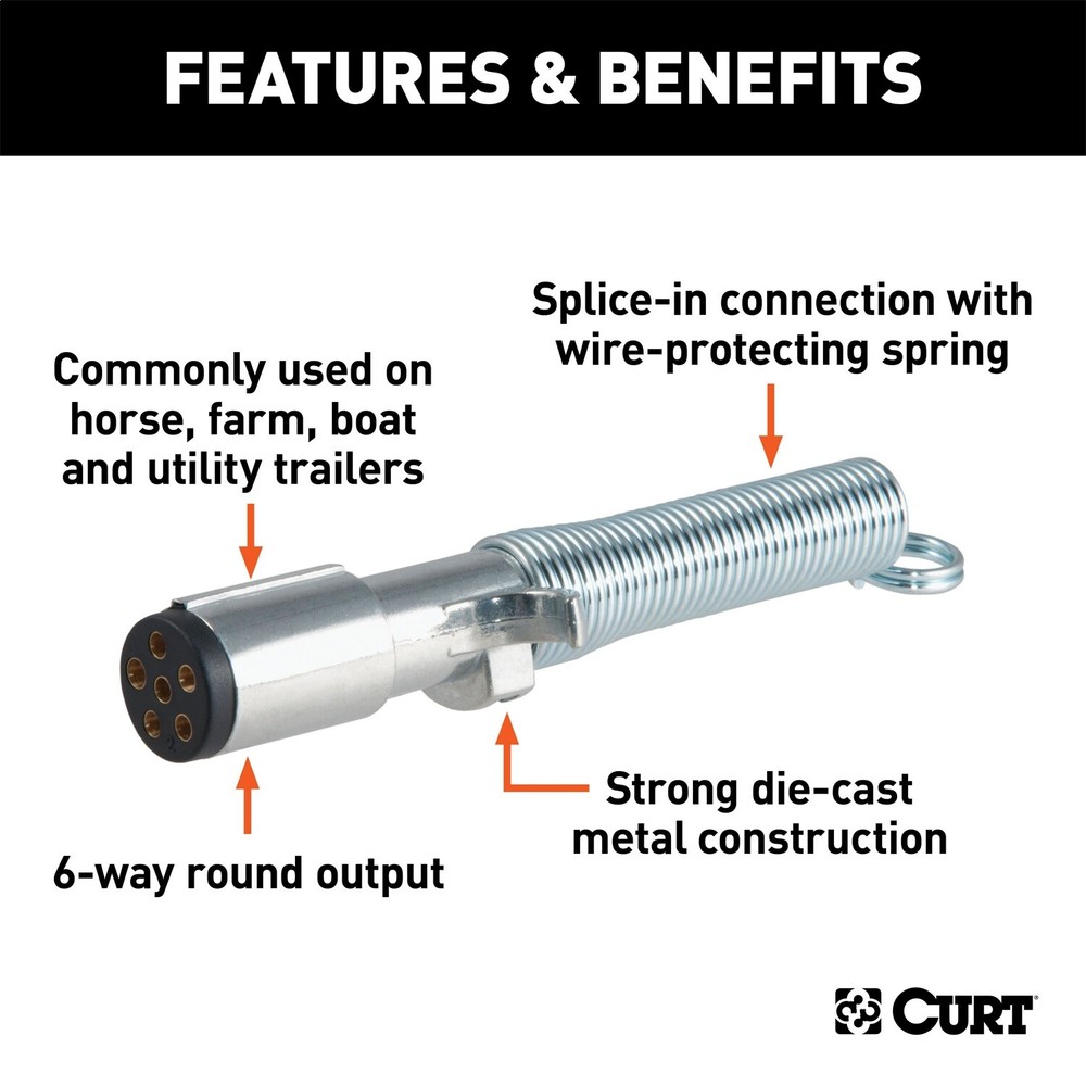 CURT 58082 6-Way Round Connector Plug with Spring (Trailer Side)