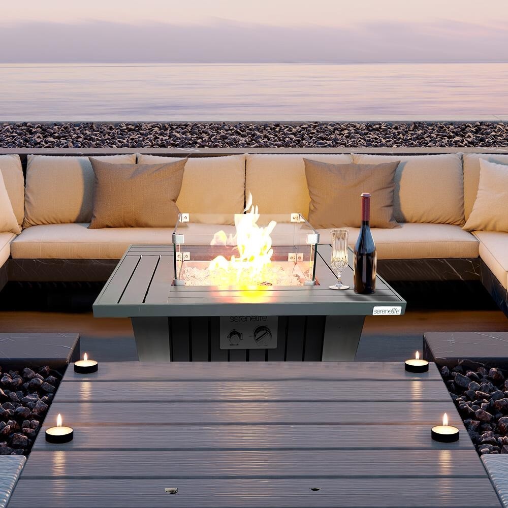 SereneLife Outdoor Gas Fire Pit Table- w/ Stainless Steel Lid and legs