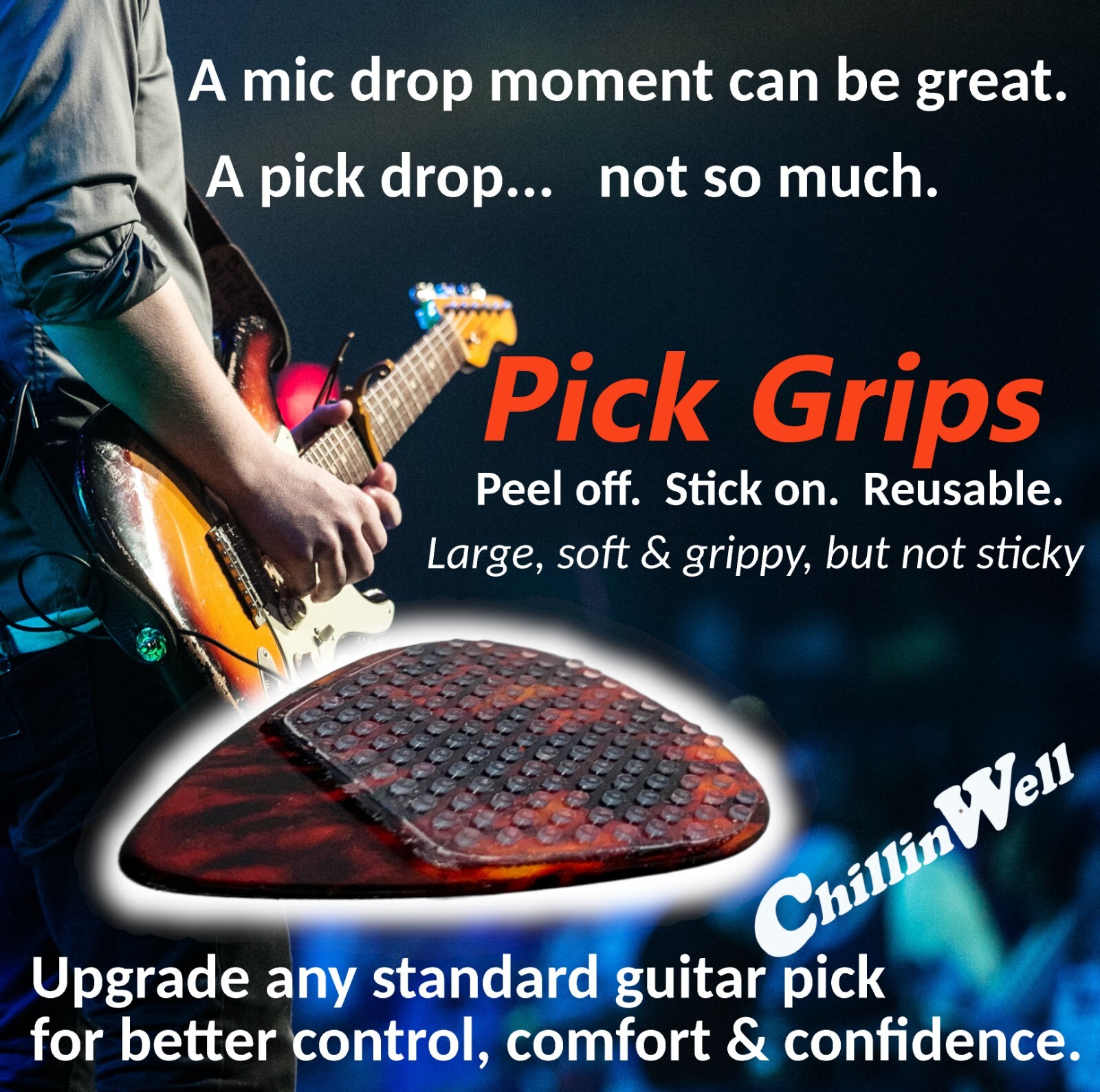 ChillinWell Guitar Pick Grips 16pc Grippy not Sticky Durable Reusable Stick-On