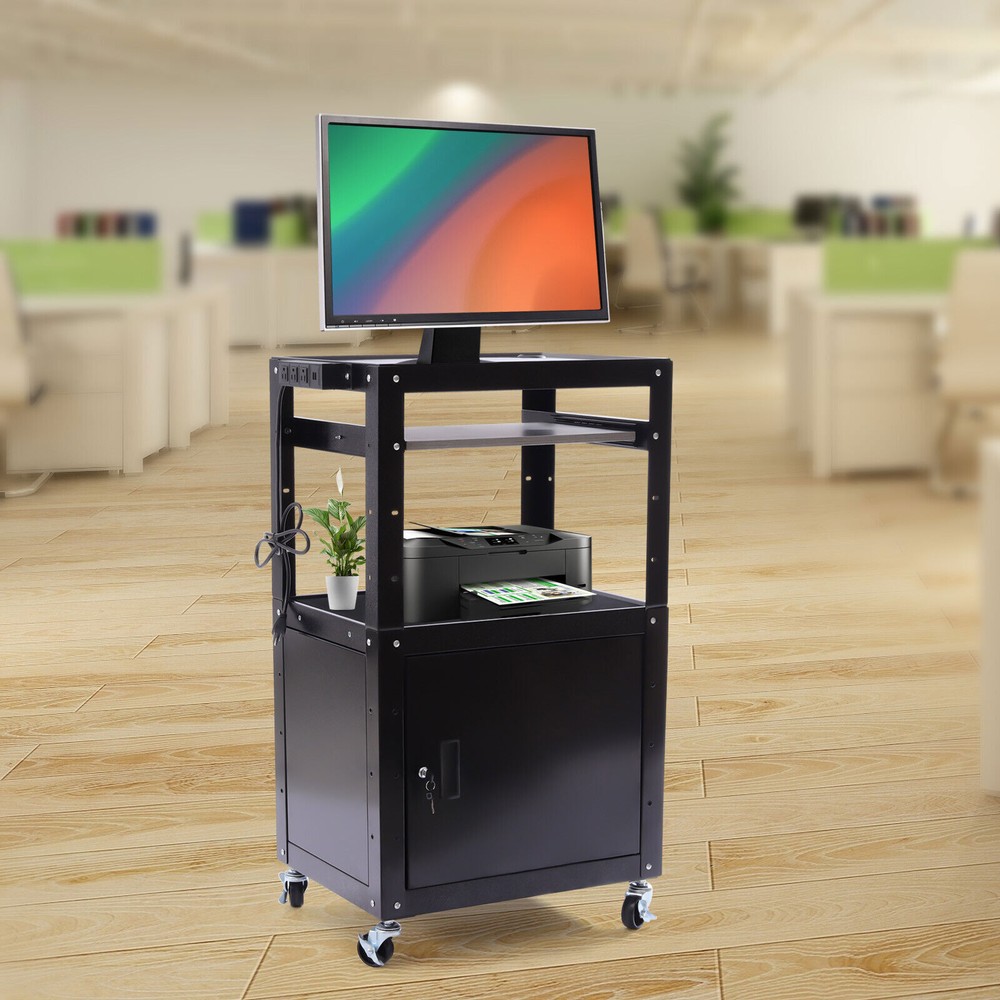 Multifunctional Office Av Cart Black Storage Cabinet+Locking Adjustable Height