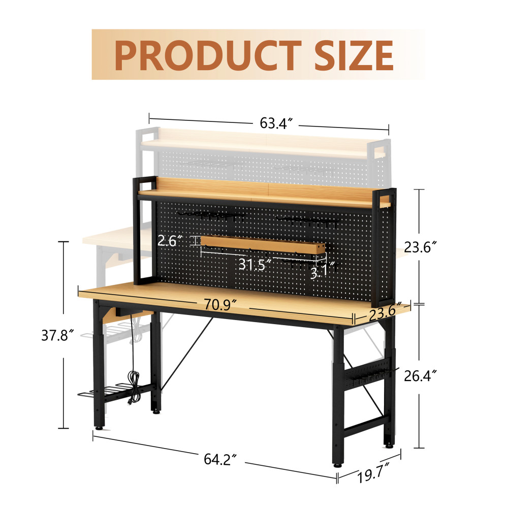 71'' Adjustable Workbench w/ Pegboard, Wheels & Power Outlets