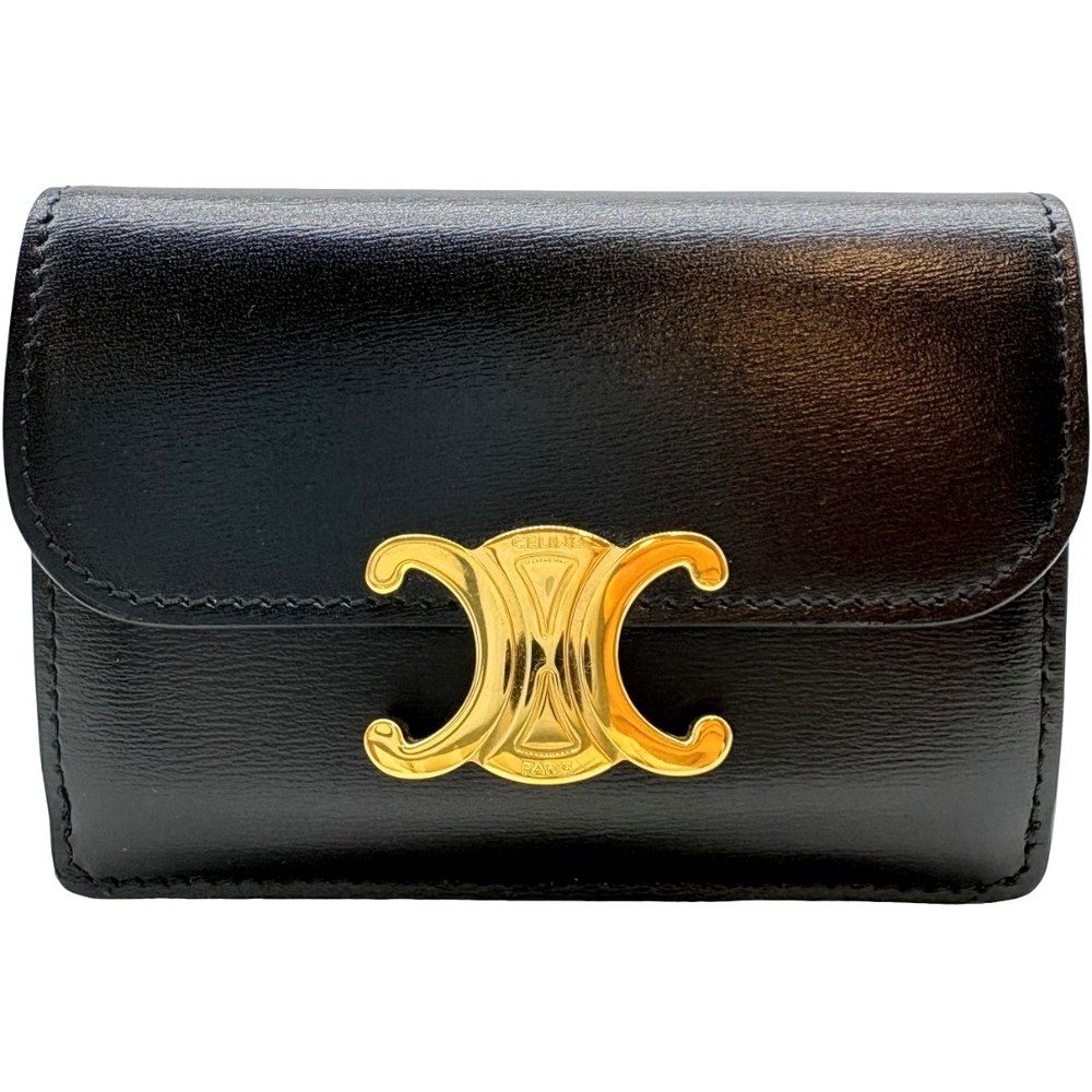 Authentic CELINE Triomphe Card Holder Black Leather #36638173