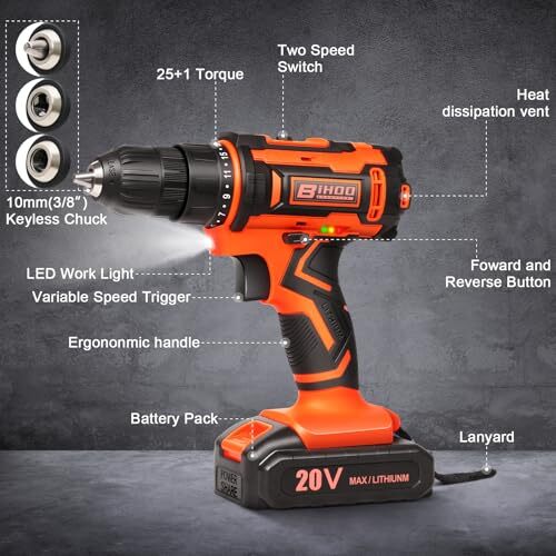 20v Drill Driver SetCordless Drill with Battery and ChargerLED Drill Tools Ki...