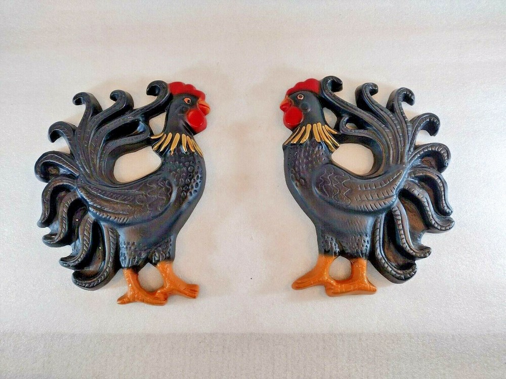 2 Plaster Hand Painted Roosters Wall Art