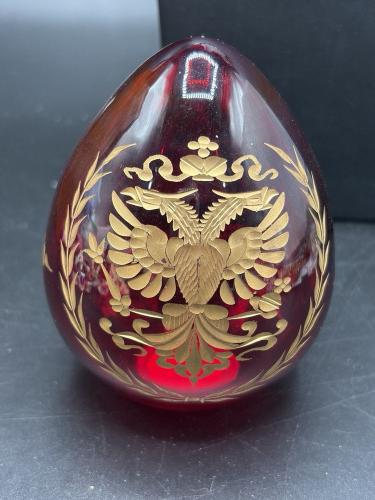 Faberge Egg Etched Ruby Gilt Glass Russian Red & Gold Eagle