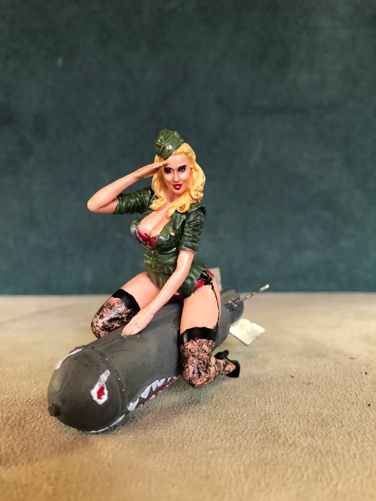 Painted WWII Pin Up On Bomb, Solid Fine Pewter