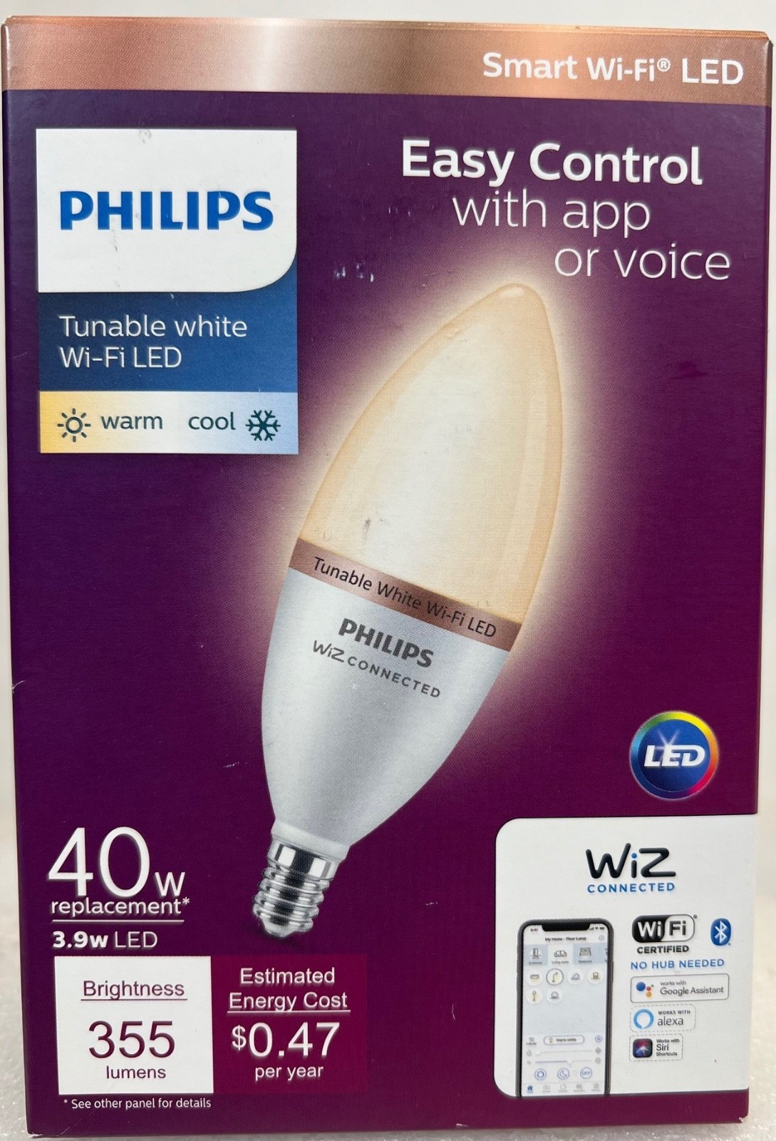 Lot of 3 -Philips Wiz 40W Tunable White Wi-Fi LED Bulb E12 -FREE S/H