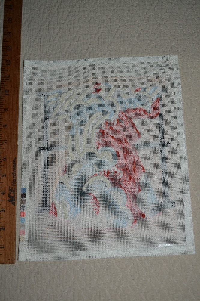 HP needlepoint canvas, 9.75" x 12", Japanese kimono pattern, started