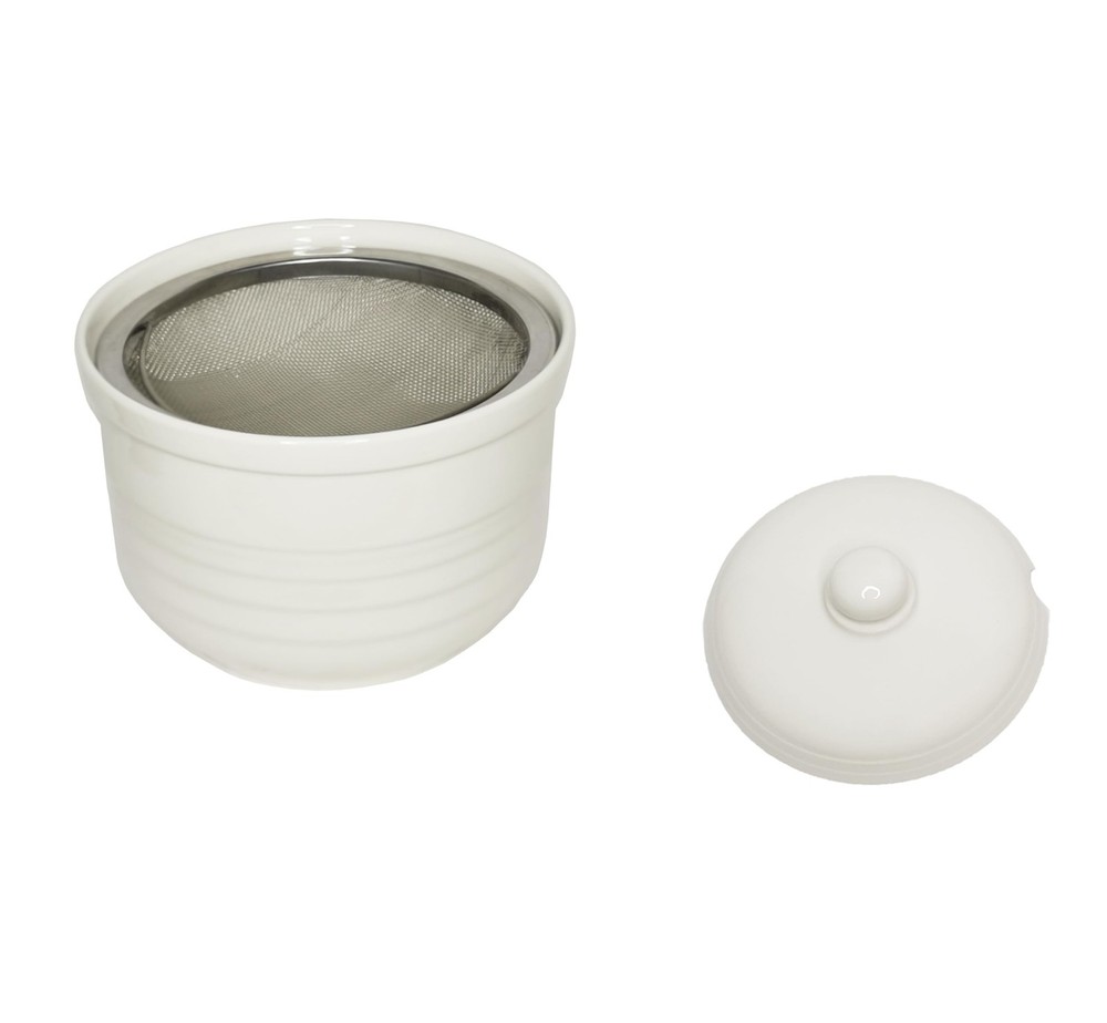 MaoYaMao Ceramic Bacon Grease Container with Stainless Steel Medium, White