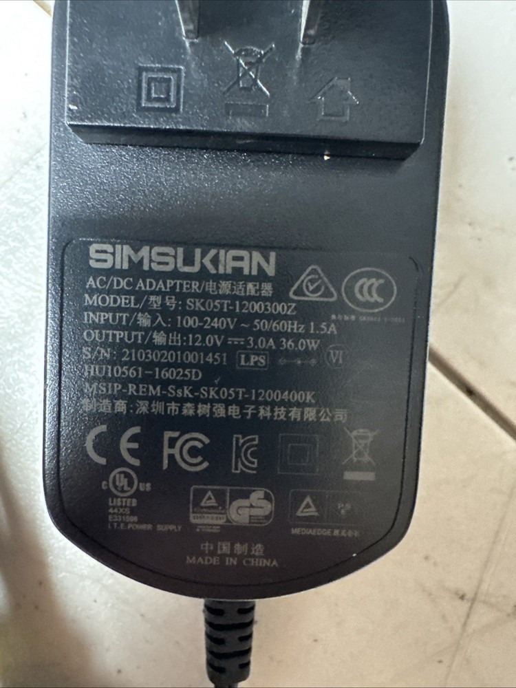 Simsukian SK05T 12V AC Adapter - Good Condition