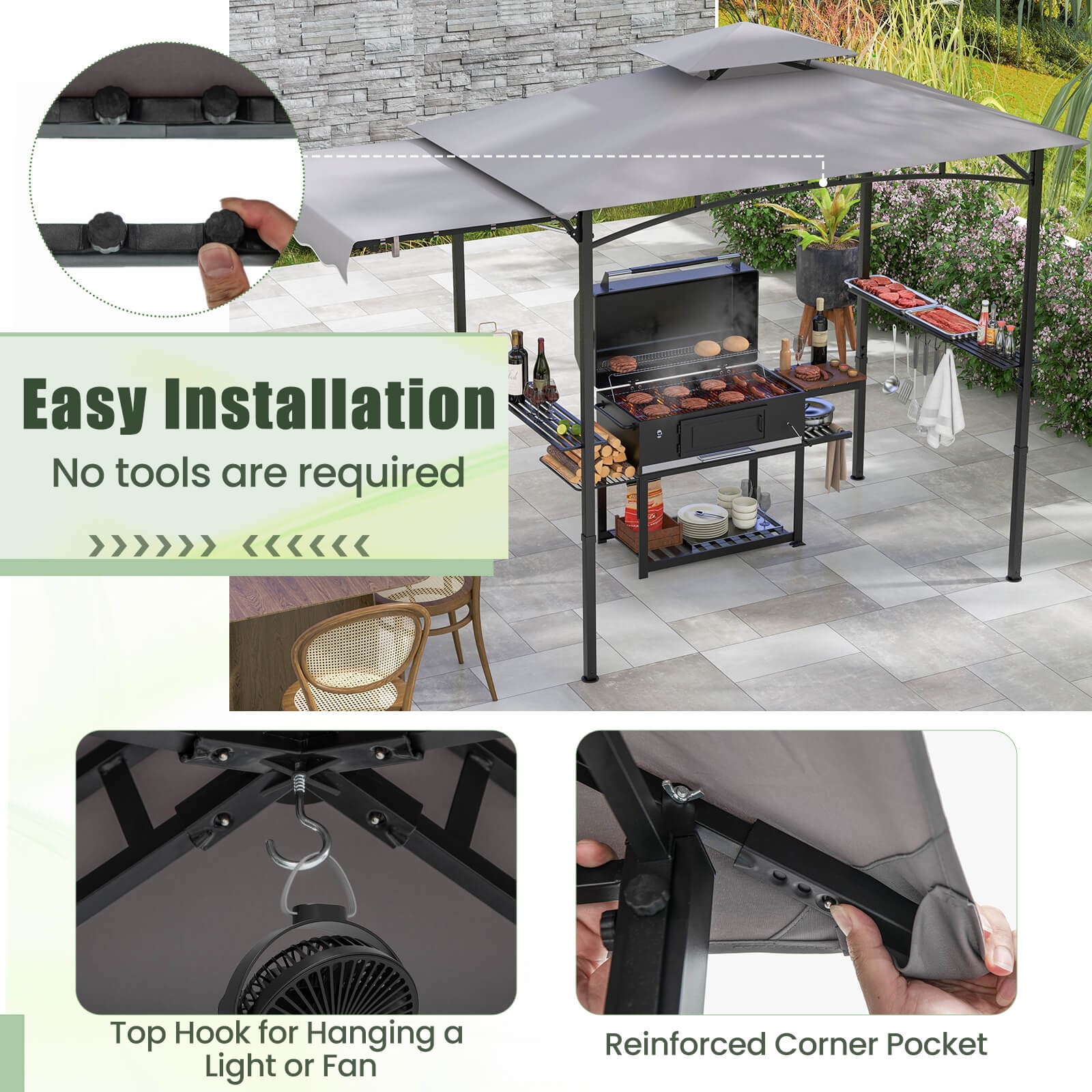 11 x 5 FT Grill BBQ Gazebo w/ Side Awning Double-Tiered Top 2 Side Shelves