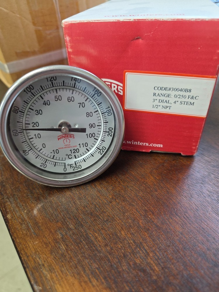 Winters 3"dial 0-250f 4"stem 1/2"NPT Thermometer