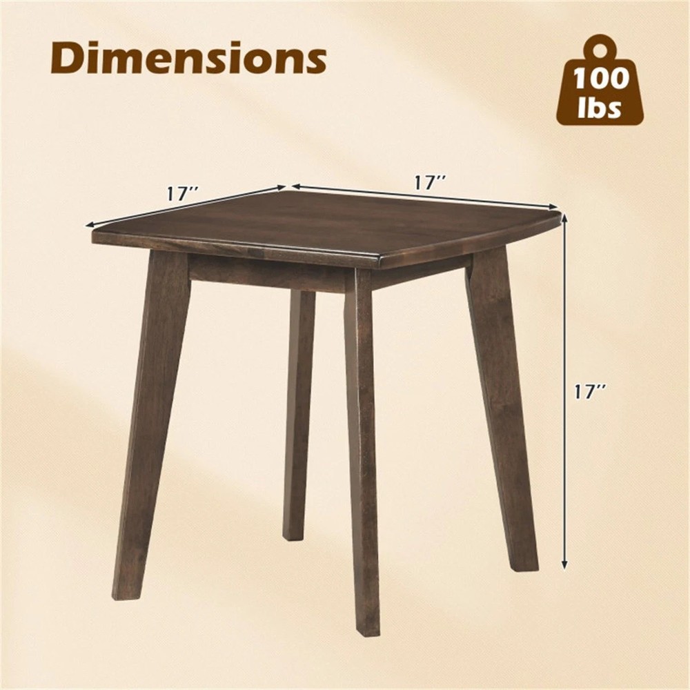 17" Square Side Table Solid Rubber Wood, Walnut Finish End Table for Living Room