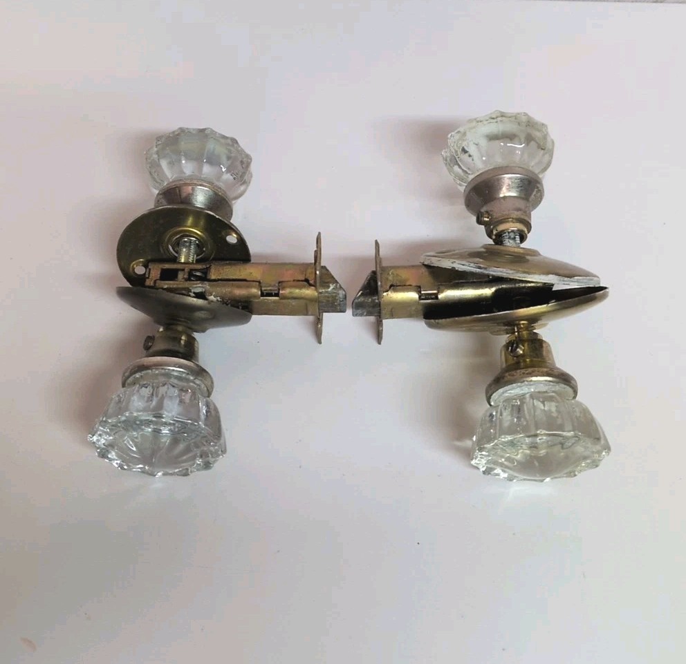 2 Sets of 12 Point GLASS Knobs BRASS Collars Spindle Strike Plate and Latch