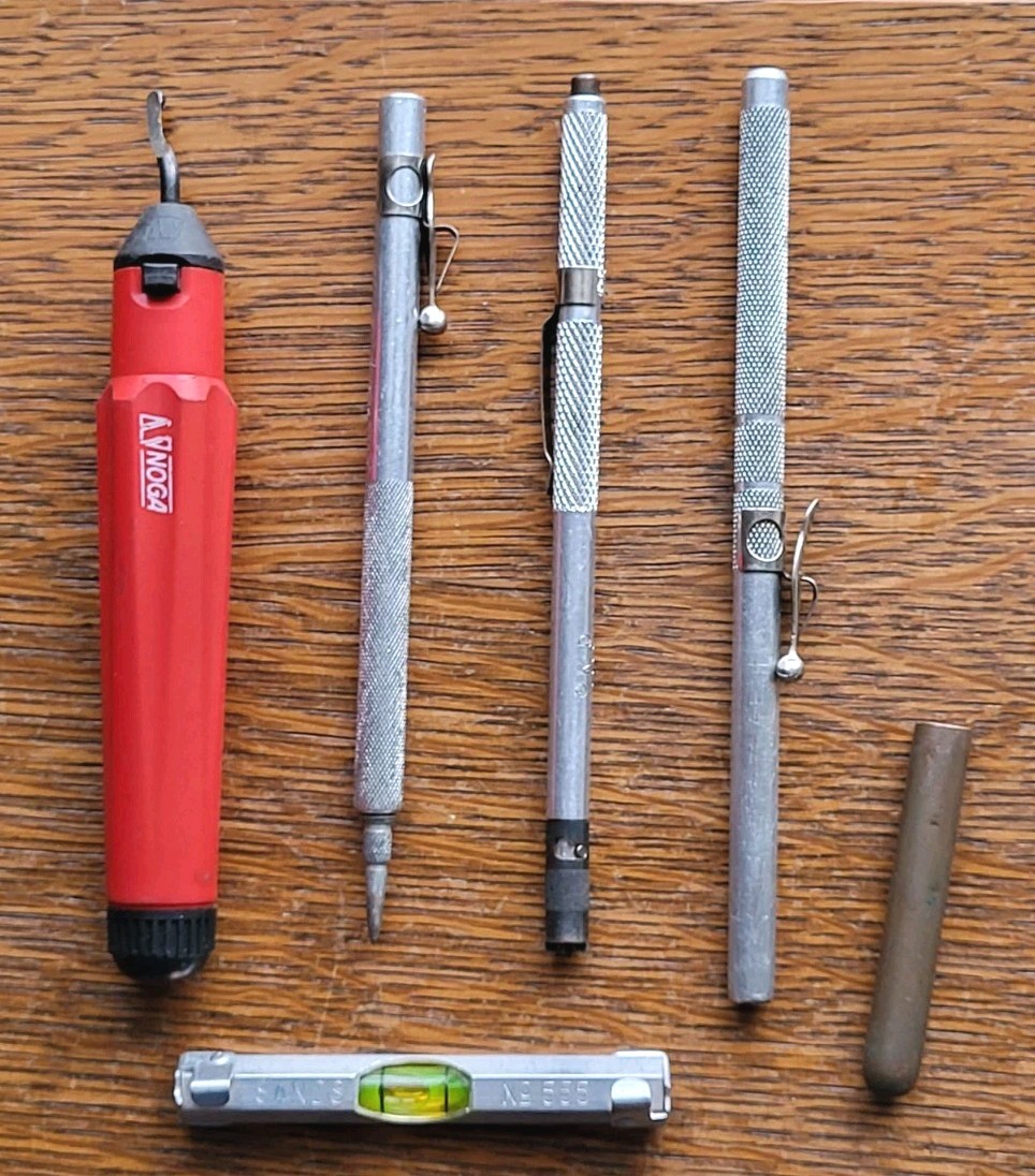 (5) Pocket Tools- Scriber, Magnetic, Screw Tool, Sands No. 555 Level, Deburring