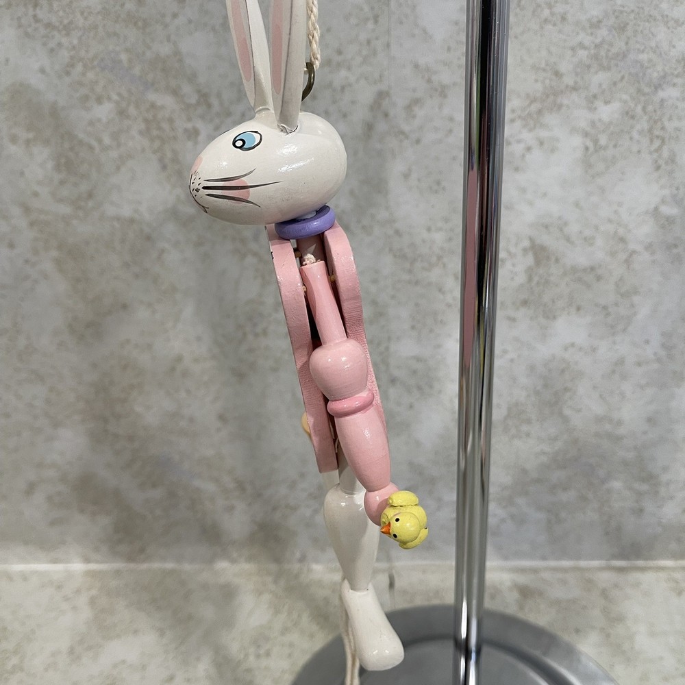 Vintage Wooden Easter Rabbit Bunny Pull-String Toy Jumping Puppet 7.5” H