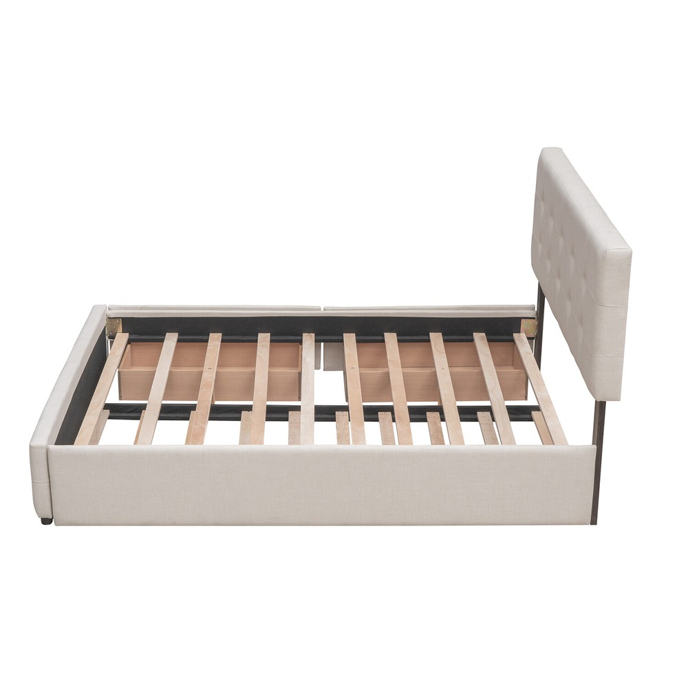 Queen Size Bed Frame Upholstered Platform Bed with Pull-Out Trundle & 2 Drawer