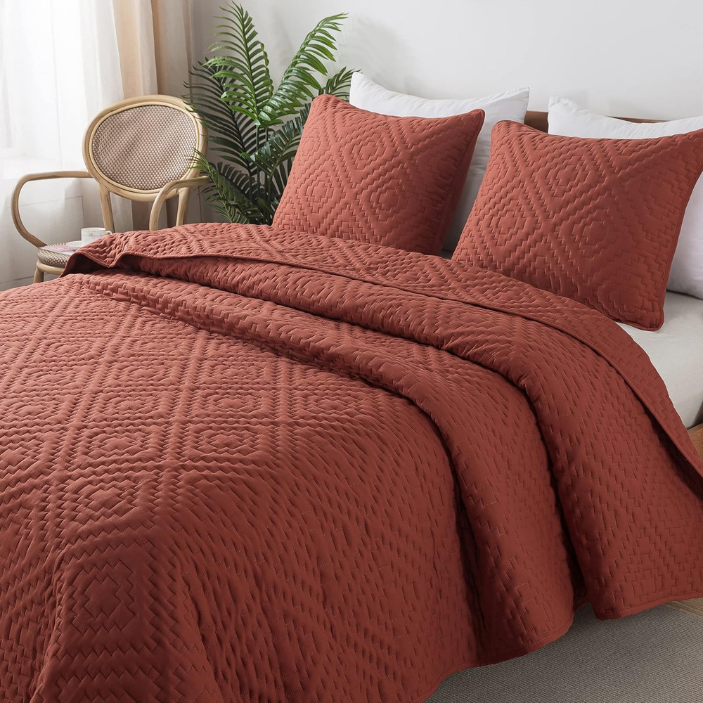 Burnt Orange Twin Size Quilt Bedding Sets with Pillow Sham, Boho Lightweight Sof