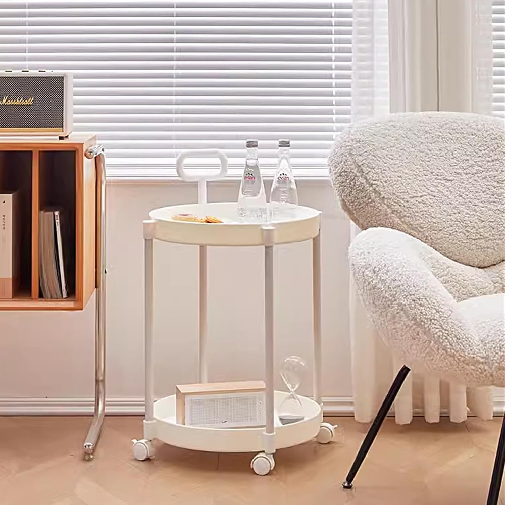 2-Tier Plastic Rolling Utility Cart + Handle Coffee Side Table Couch End Table