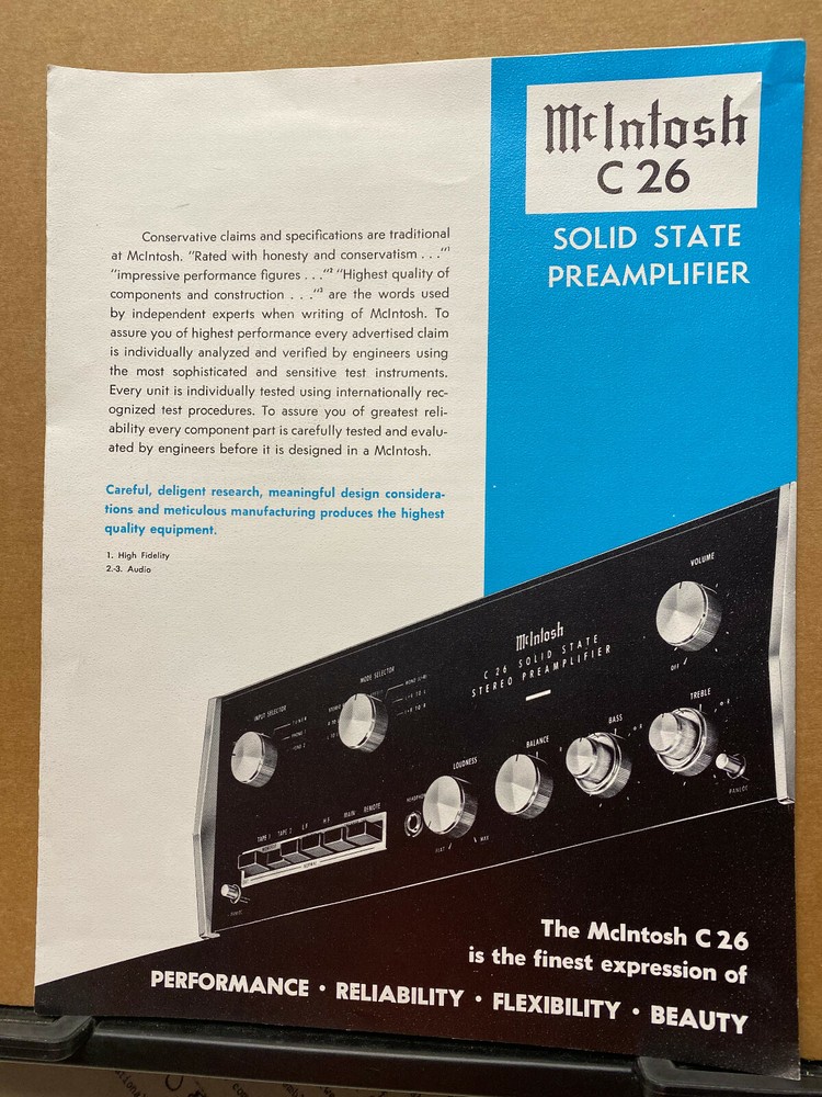 Vtg McIntosh Brochure ~ C 26 Preamplifier Catalog Insert