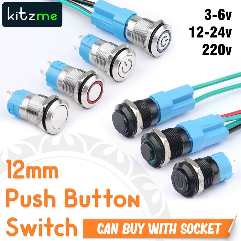 12mm Push button Switch | Black Silver | Momentary Latching | LED Socket series