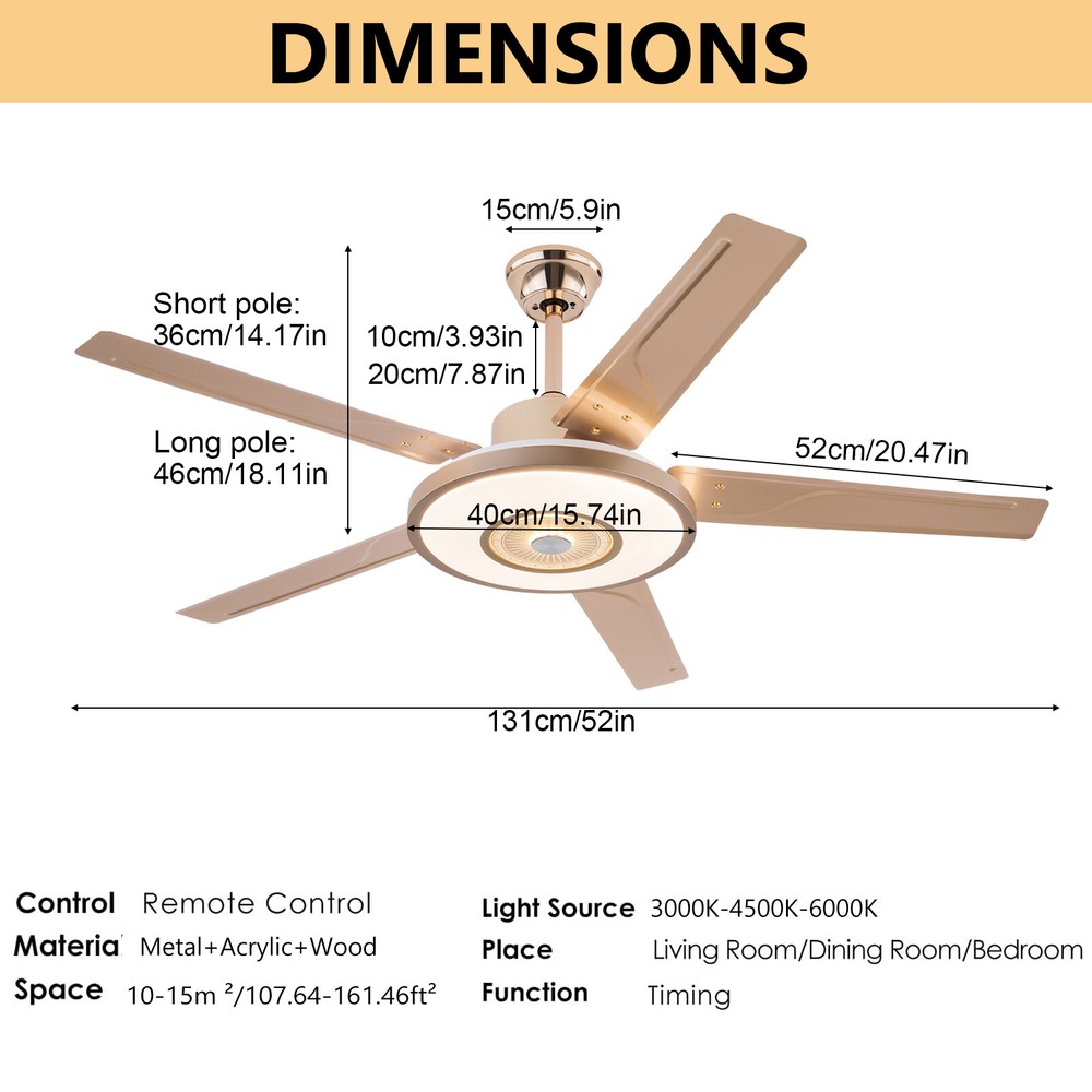 3-Color Ceiling Fan with LED Light, Modern LED Ceiling Fan W/ Remote Controller