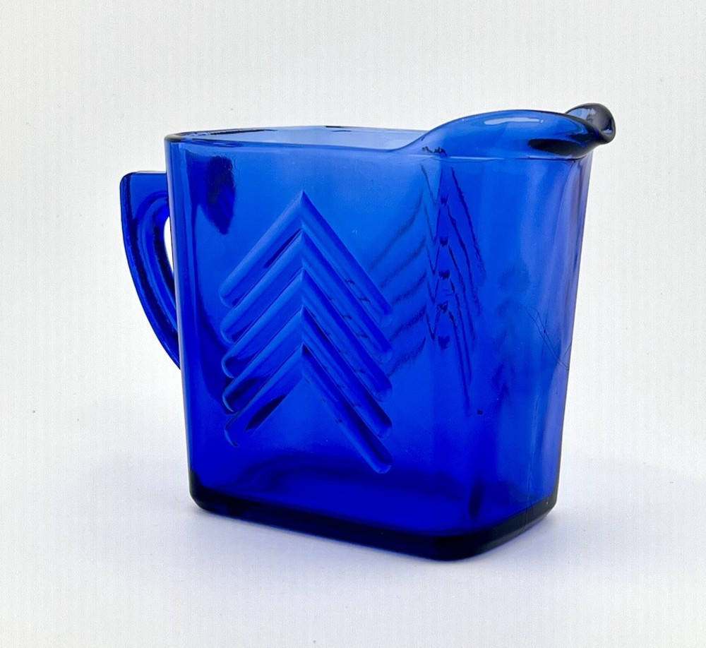 Vintage Cobalt Blue Glass Rectangular Cup with Handle Chevron Design MINT