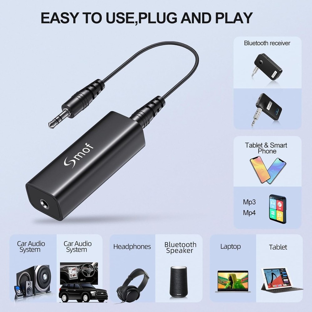 Upgraded Ground Loop Noise Isolator with 3.5mm Cable for Quiet Audio Experience