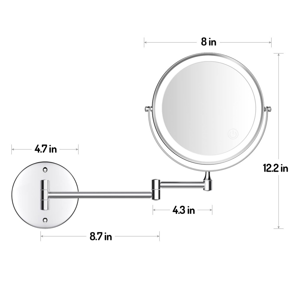 Rechargeable Wall Mounted Lighted Makeup Mirror Chrome, 8 Inch Double-Sided L...