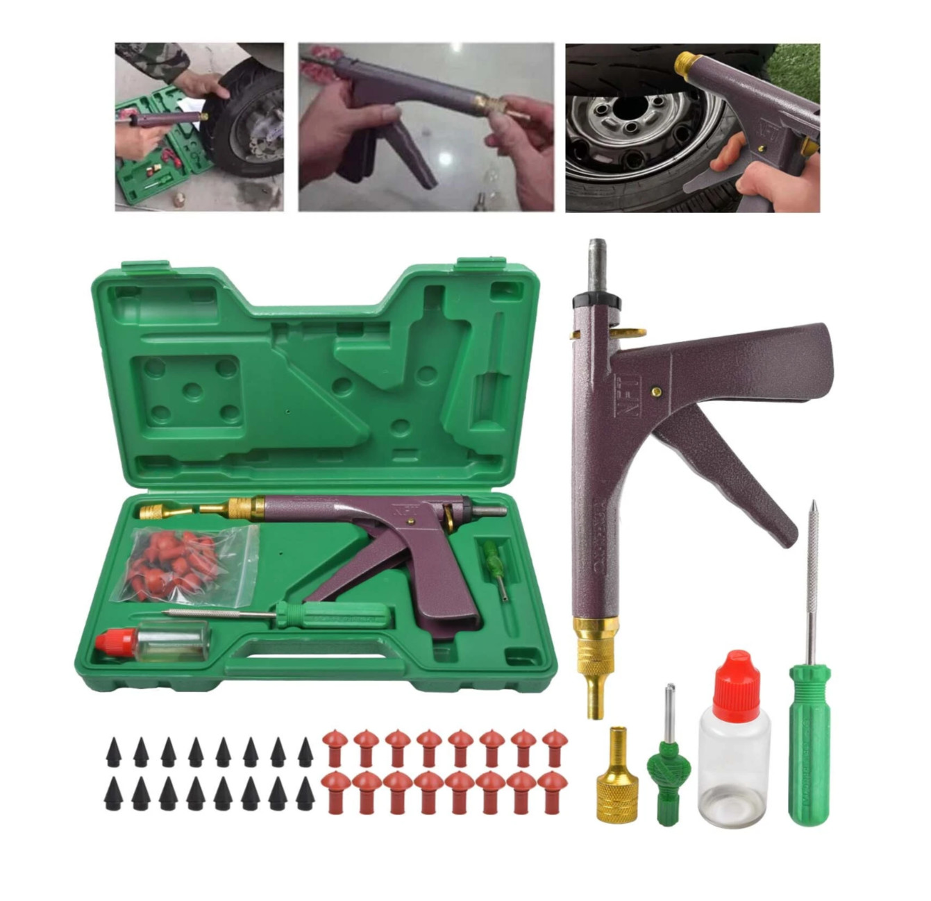 Tubeless Tire Gun Puncture Repair Kit Tire Patch Tool with Mushroom Plug Nozzle