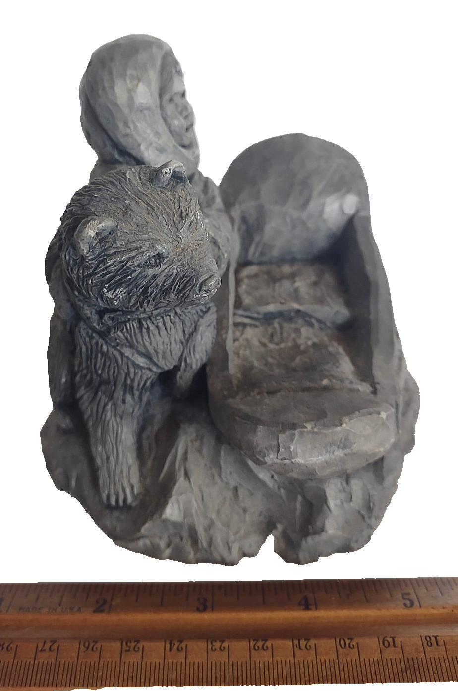 Vintage Signed G 85 Soapstone Alaska Inuit Man With Dog & Sled Sculpture