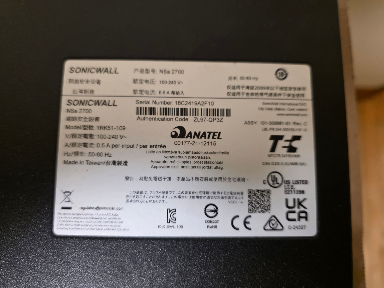 SonicWall NSA 2700 Network Security/Firewall Appliance 16 Port Not Transferable