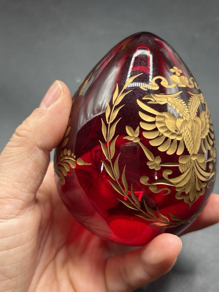 Faberge Egg Etched Ruby Gilt Glass Russian Red & Gold Eagle