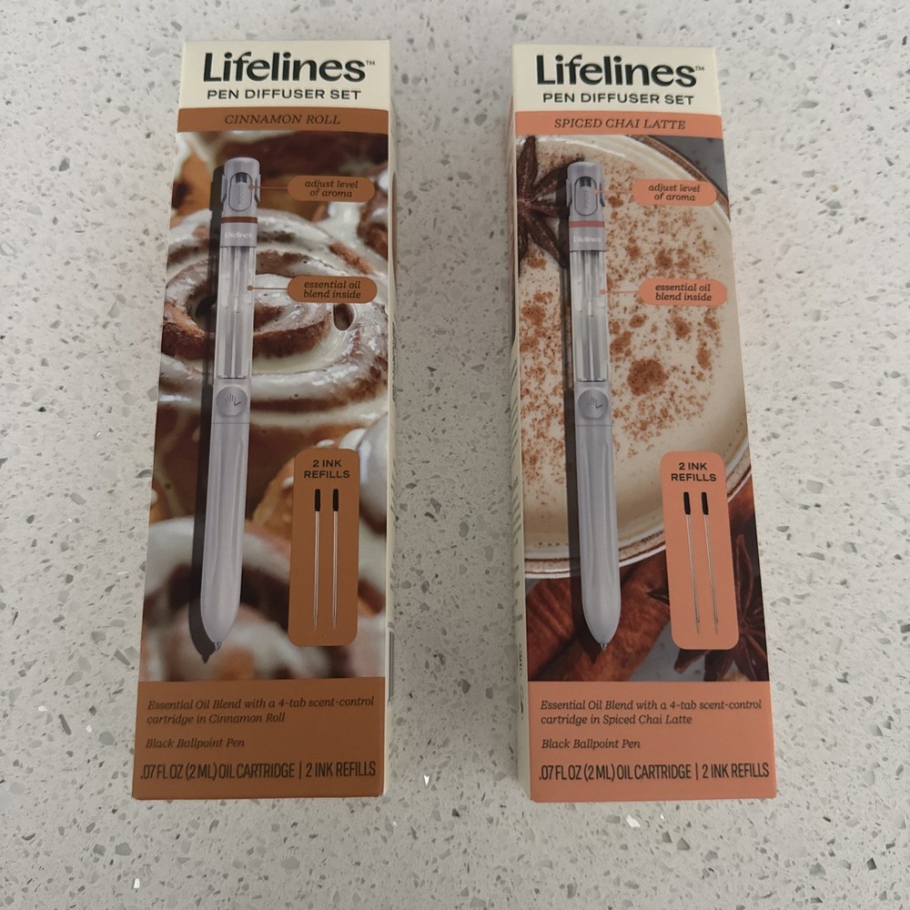 2 Lifelines Pen Diffusers With Essential Oil Blend Cinnamon Roll + Chai Latte