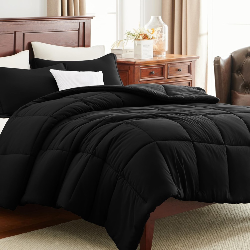 Queen Comforter Set Black 3 Pieces Box Stitched Comforters Queen Size, Soft ...