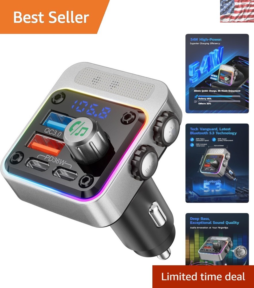 High-Power Bluetooth 5.3 Car Adapter with 4 Charging Ports & Deep Bass Audio