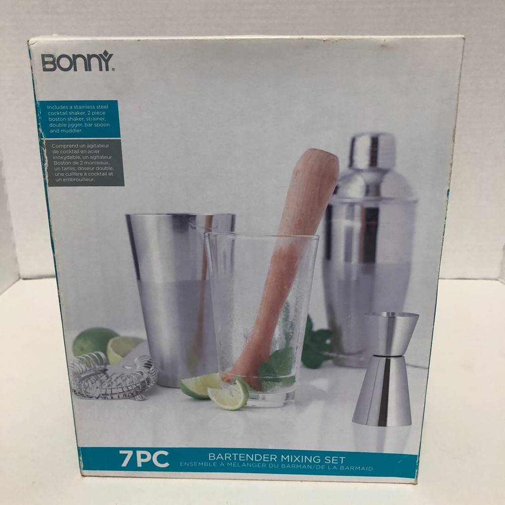 Bartender Mix Set 7 pc Shaker Spoon Strainer Muddler Jigger NEW Man Cave Dads D