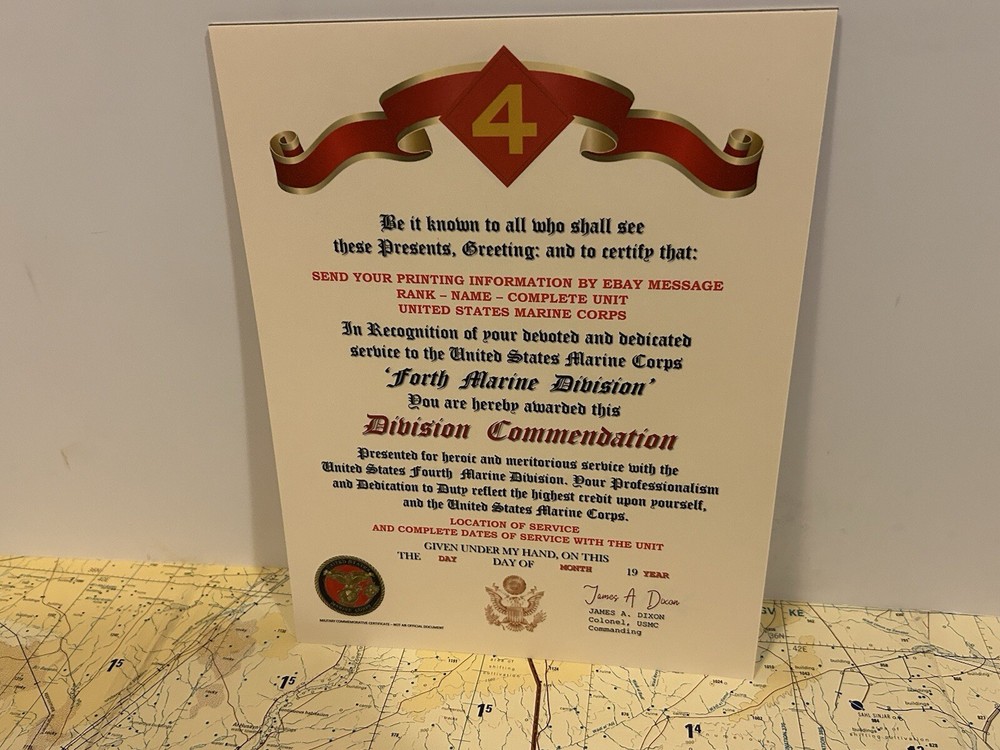 U.S.M.C. / FOURTH MARINE DIVISION ~DIVISION COMMENDATION REPLACEMENT CERTIFICATE