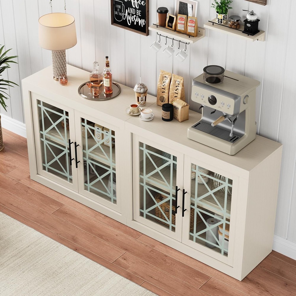 70.9" Buffet Sideboard with Storage with 4 Screen-Printed Glass Doors White