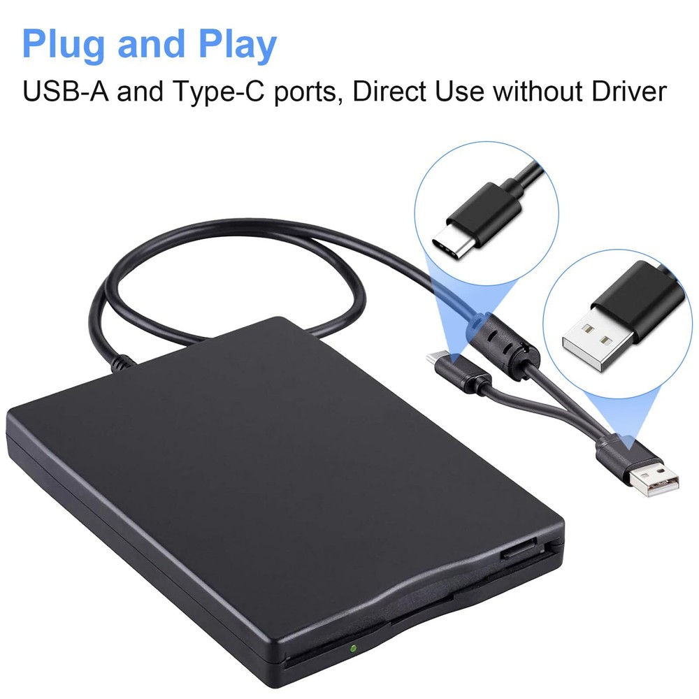 Floppy Disk Reader 3.5 inch External USB & Type-C 1.44MB FDD Floppy Disk Driv...
