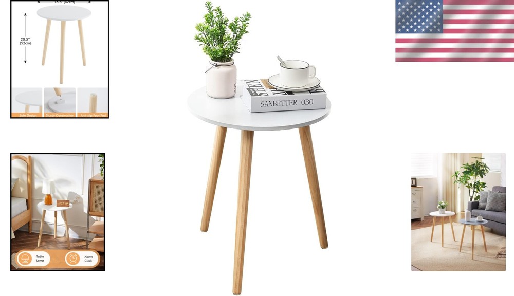 Sturdy Round Bedside Table with Stable Wooden Legs - Space-Saving Solution