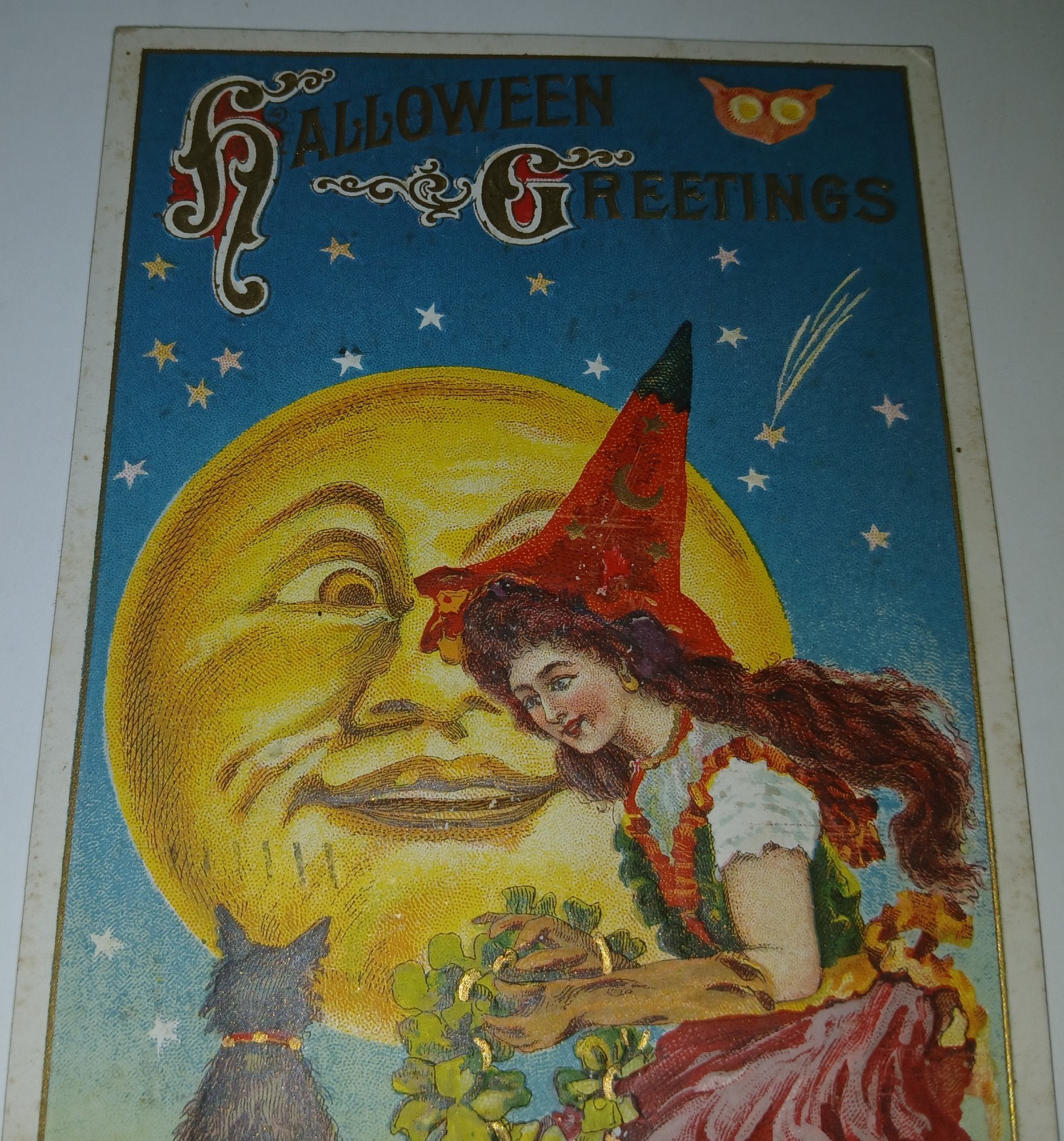 1920 Vintage Original Embossed Halloween Postcard Full Moon Pretty Witch & Cat