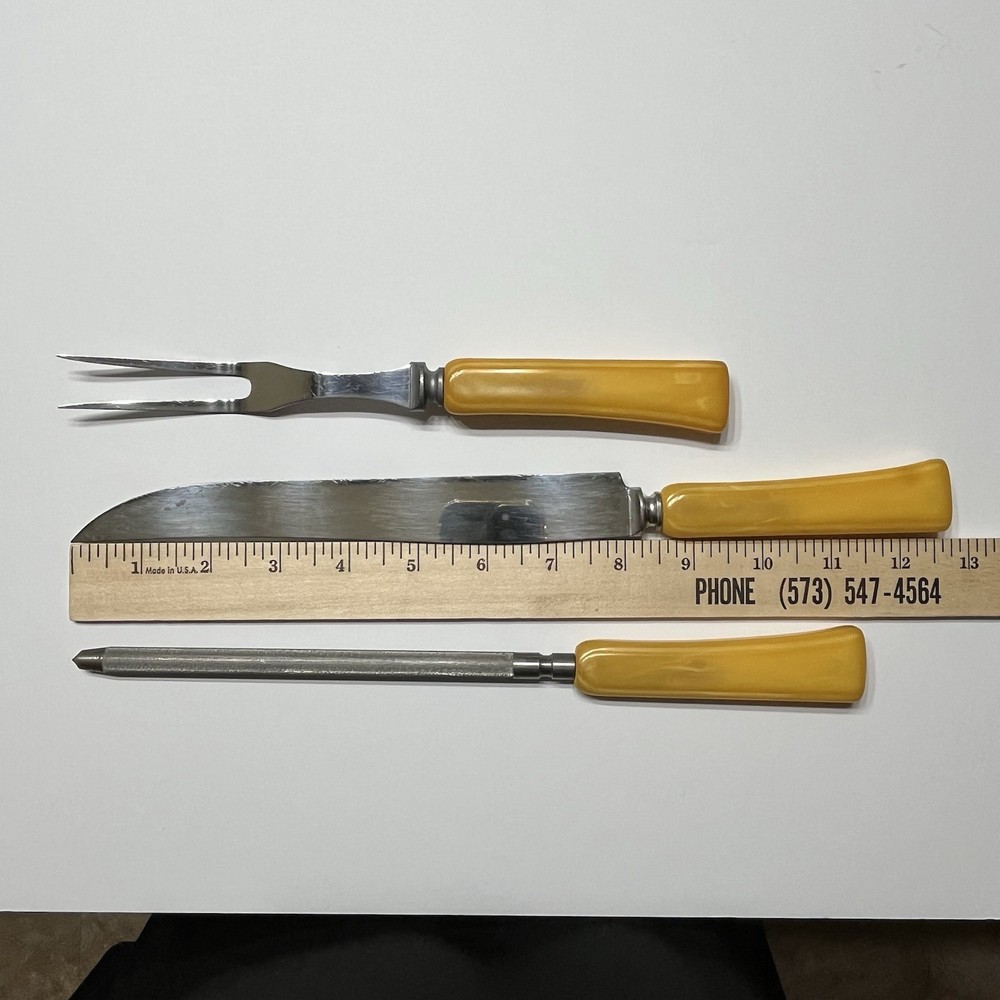Butterscotch Bakelite Handles Vintage Carving Set Stainless Fork Knife Sharpener
