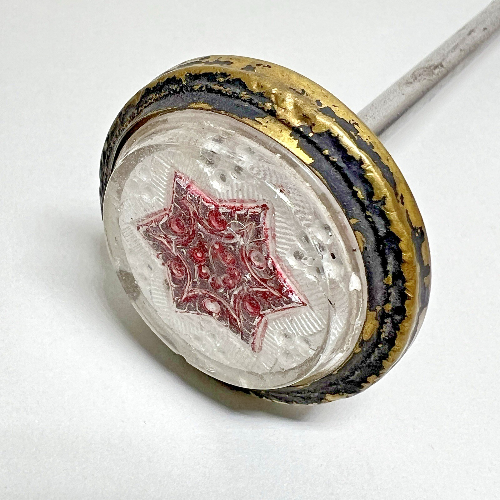 Victorian Sulfide Glass Red Star Threaded Picture Frame Wall Nail Antique